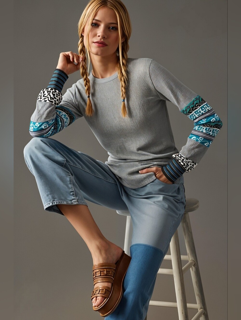 NWT We The Free All In Gray Thermal Top With  Mixed Print Knit Cuffs